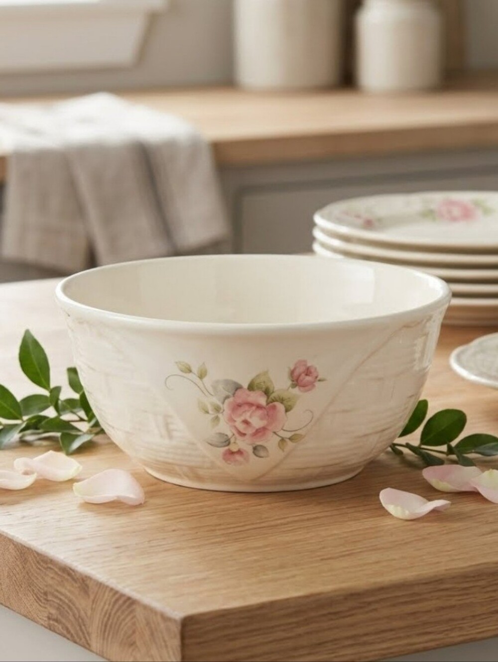 Pfaltzgraff Cream Serving Bowl with Pink Rose Motif